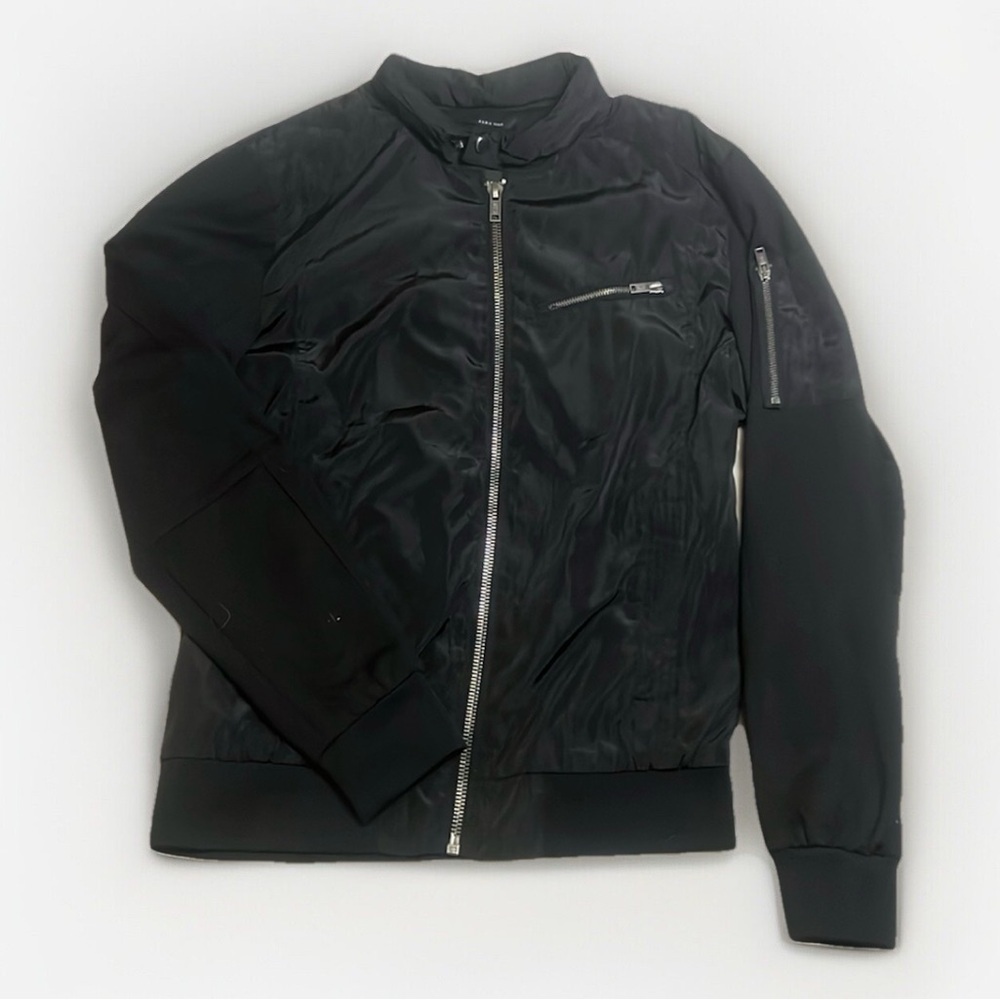 Classy Black Menβs Zara Zip Up Jacket sz L Hidden Hood